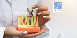 A dental implant procedure with bone graft material supporting the implant in the jaw.